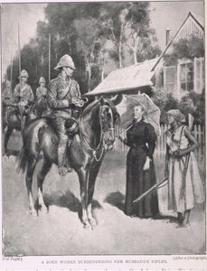 夫のライフルを引き渡すボーアの女性 作： Henry Marriott Paget
